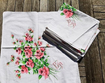 Set of 6 French vintage white floral napkins , monogram PA, white napkin with pink roses floral decor, 2 sets available