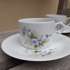 Set of 2 Limoges porcelain tea cup or coffee cup and saucer  , purple violets  floral decor, french Vintage tea set