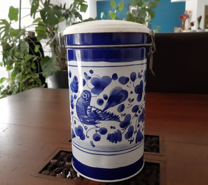 Boîte en Étain Bleu Vintage Holland, Boîte Blanc et avec Décor d'oiseau, Ronde Couvercle