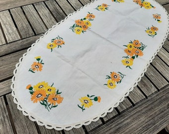 French antique white linen  table runner or table center,hand made  embroideries , yellow and orange floral decor