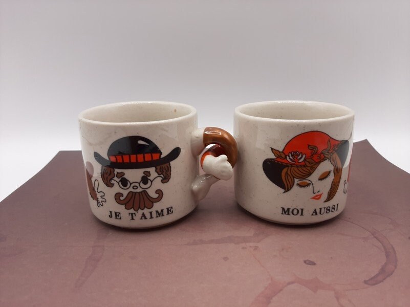Ensemble de 2 Tasses à Café Vintage Français, Love You-Me Too, Couple Valentine, Grès