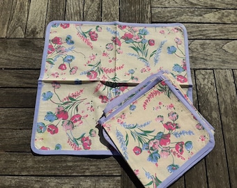 Set of 6  French vintage floral napkins   ,   yellow napkins fabric with pink and purple floral decor,