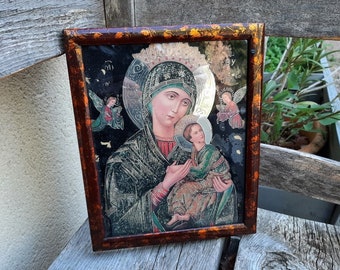 Vintage framed  Virgin Holy Mary and Jesus child  portrait,  , Religious Paper Collage art , Mixed Media collage,