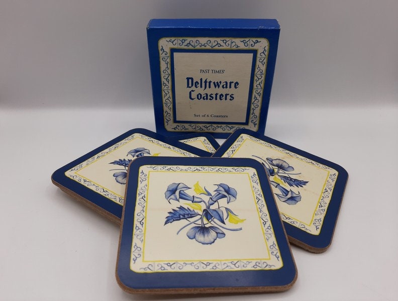 Sous-Verres de Delft Bleu Vintage, Sous-Verres en Liège Floral Bleu, Delft, Ensemble 6,