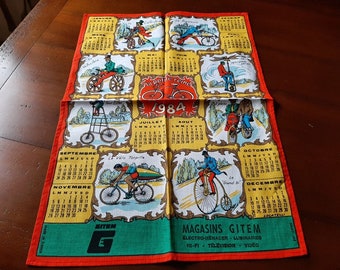 1984 French Vintage calendar dish towel, old bicycles decor,calendar tea towel, linen kitchen towel,  2 available