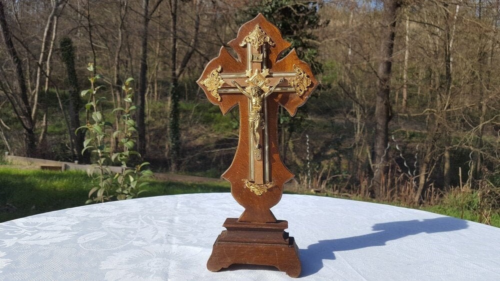 Français Crucifix Antique en Bois, Croix de Jésus-Christ Laiton Doré, Sainte Catholique Religieuse