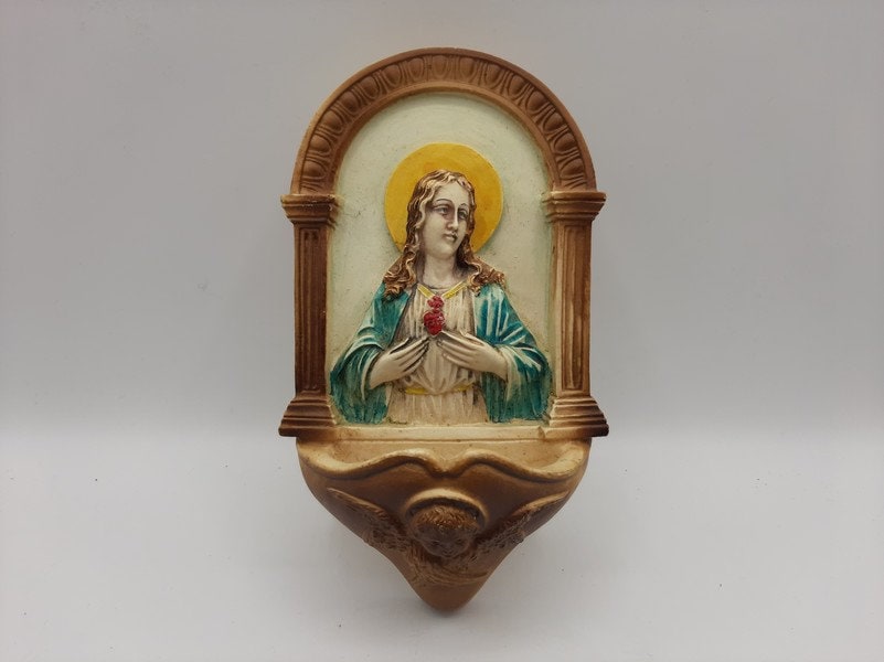 Français Fontaine d'eau Bénite à La Craie Vintage, Sainte Marie avec Figurine de Sacré-Cœur, Souveni