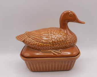 French vintage terrine pot for duck pate , french pot,pate dish, brown glazed duck terrine