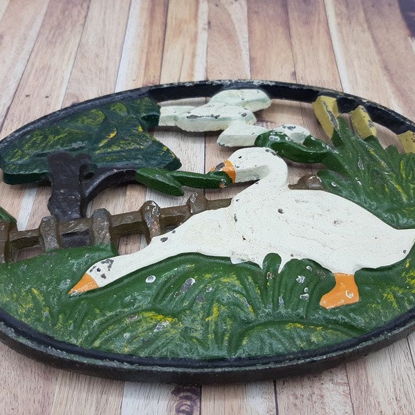 trivet en fonte d’oie vintage Français, support de pot, trivet de cuisine, trivet vert avec oie blanche