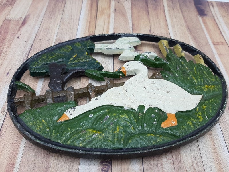 Trivet en Fonte d'oie Vintage Français, Support de Pot, Trivet Cuisine, Vert avec Oie Blanche