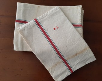 French antique  cotton metis  dish towel,  green red stripes dish towel, monogram ML