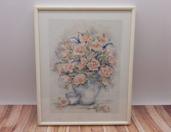 水彩画　バラ　原画　　額縁入り ヴィンテージ額入り水彩コピープリント絵画、ピンクのバラの花束絵画