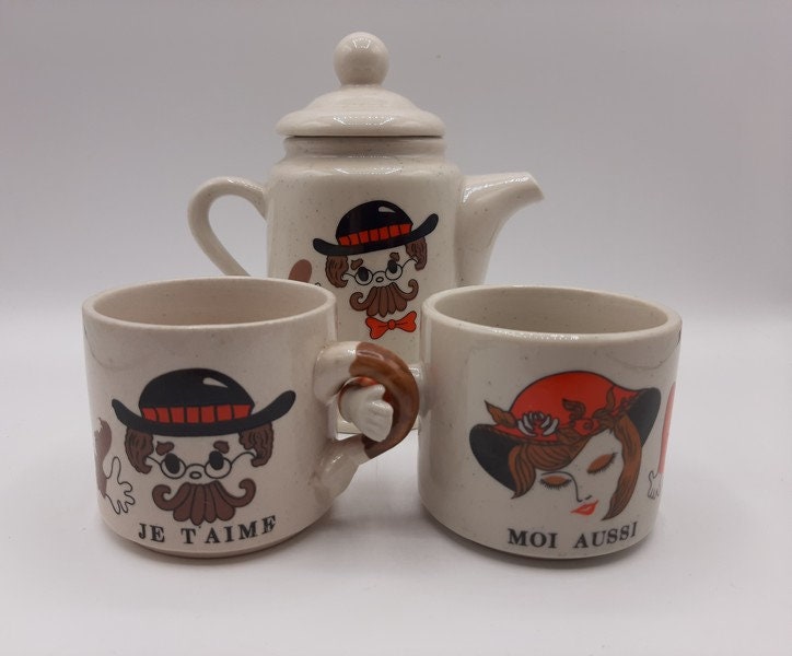 Ensemble de 2 Français Ensemble Café Vintage, Tasses à Love You-Me Too et Cafetière, Couple Vintage 