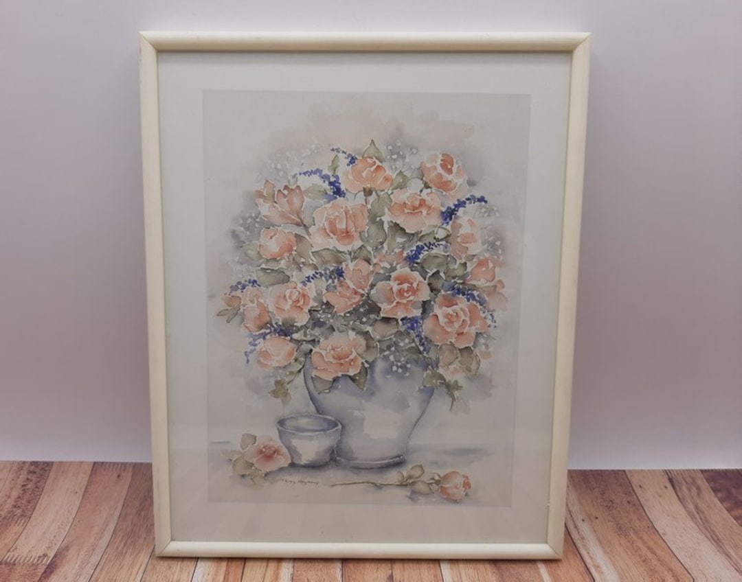Vintage ingelijste aquarel kopie print schilderij, roze rozen bloemenboeket  schilderij - Etsy België, image size:1080x848