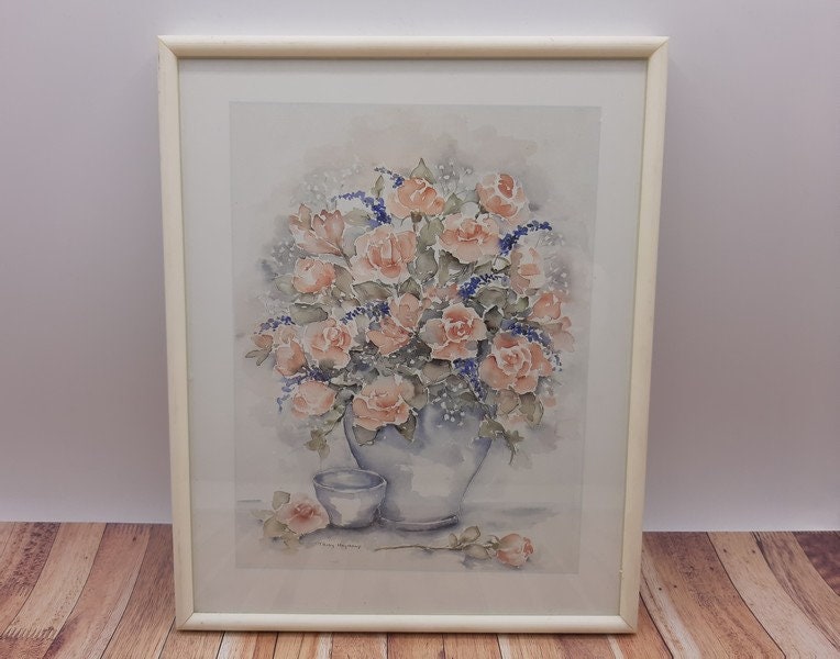 Aquarelle Vintage Encadrée Copie Peinture d'impression, Roses Florale Bouquet Peinture