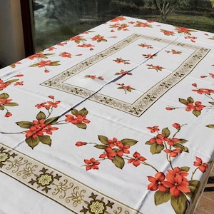 french vintage beige and red floral tablecloth  ,  large tablecloth, red floral decor