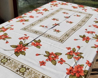 french vintage beige and red floral tablecloth  ,  large tablecloth, red floral decor