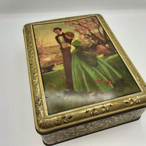 French Antique chocolate tin box, romantic  lady and gentleman decor,  victorian lady wearing a green dress