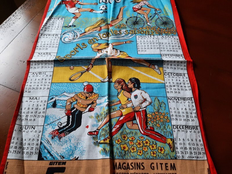 1984 Français Serviette de Vaisselle Calendrier Vintage, Décor Vieux Vélos, Torchon Calendrier, Ling