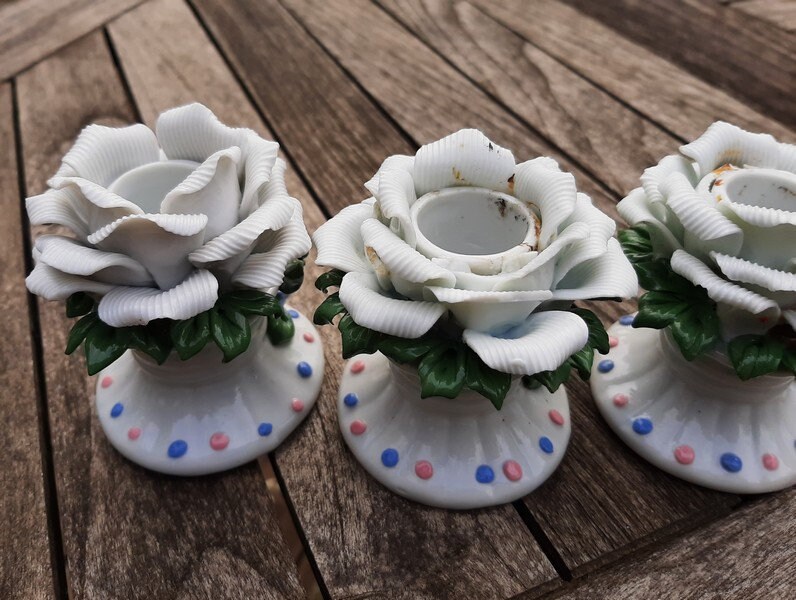 アンティーク ローズ キャンドルホルダー、ホワイト ローズ キャンドル