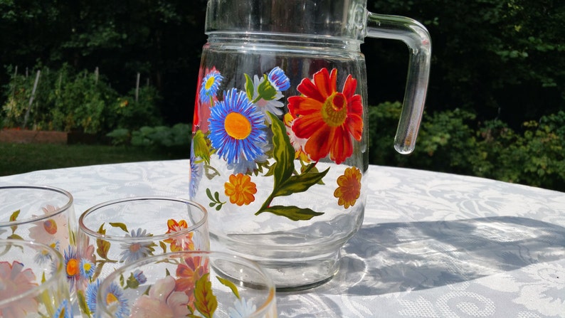 floral decor flowers decor floral pitcher set of 4 fruit juice glass French vintage pitcher and drinking glasses