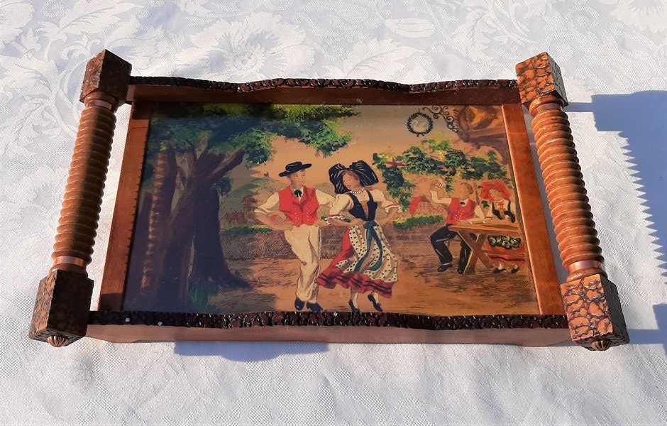 Français Plateau de Service Vintage en Bois et Verre, Danseurs Folkloriques Alsaciens Peinture Boli,