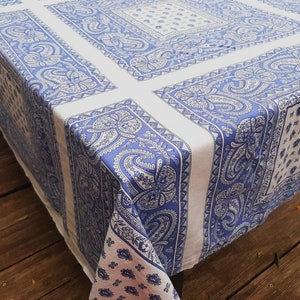 French vintage  provencal  tablecloth , white and blue tablecloth with   floral decor, Provence decor, very large provencal tablecloth