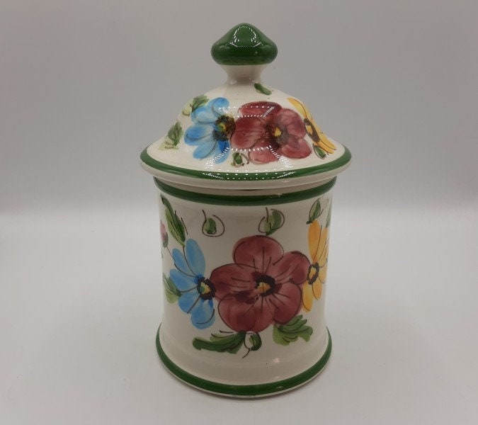 Bidon en Céramique Vintage Italienne avec Couvercle, Poterie Peinte à La Main, Décor Floral Rose et 
