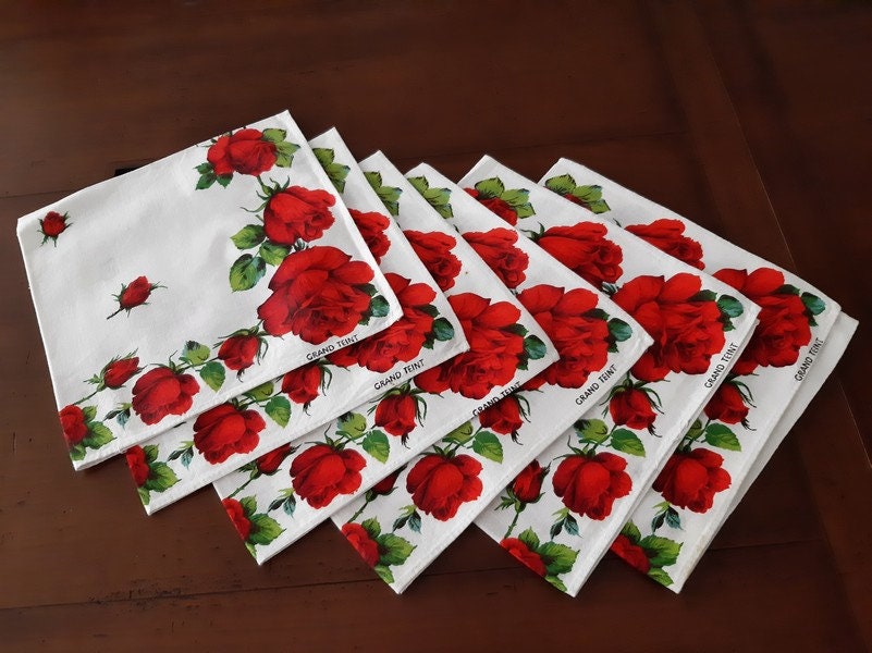 Ensemble de 6 Français Serviettes Florales Vintage Blanches et Rouges, Décor Floral Roses Rouges