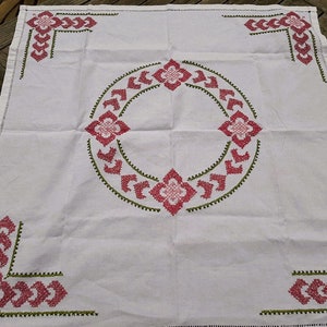 French antique white linen table center , hand made embroidered with pink  floral decor,