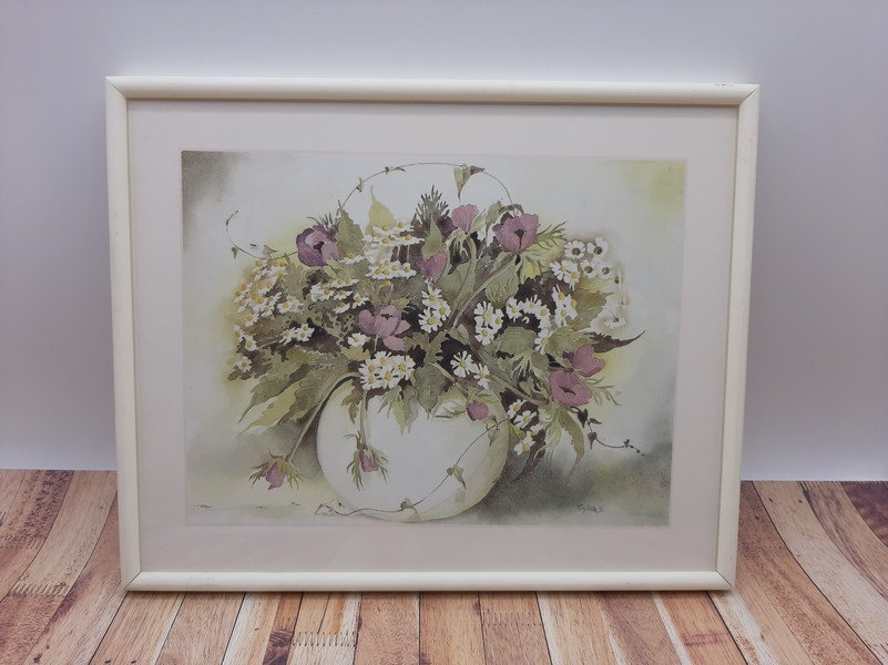 Aquarelle Vintage Encadrée Copie Peinture d'impression, de Bouquet Floral Vert et Violet