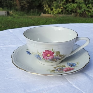 French vintage white porcelain coffee cup or tea cup and saucer with rose floral decor