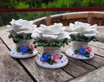 Antique rose candel holders, white  roses candel holders, set of 3, ceramic porcelain candleholders