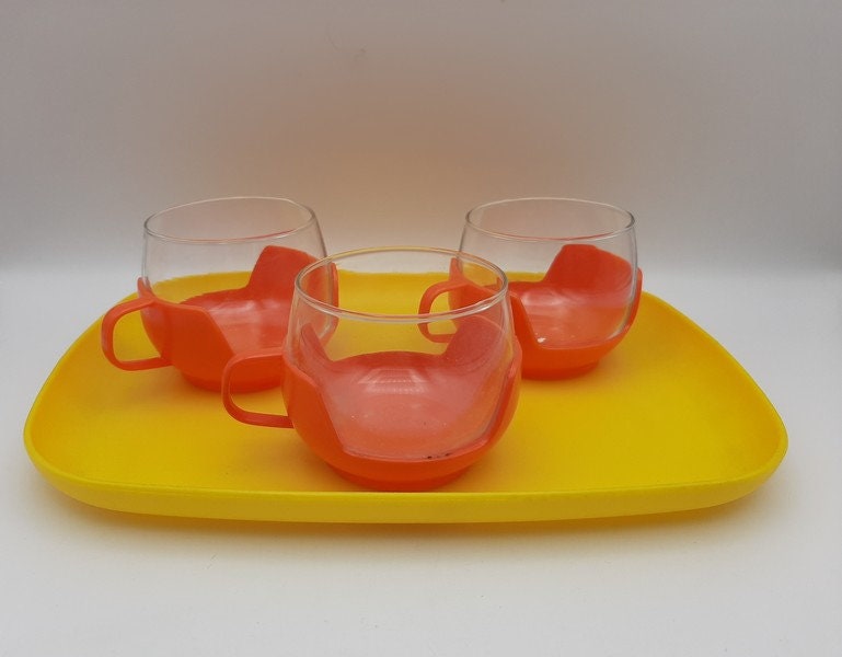 Ensemble de 3 Tasses Français Vintage avec Base en Plastique Couleur Orange