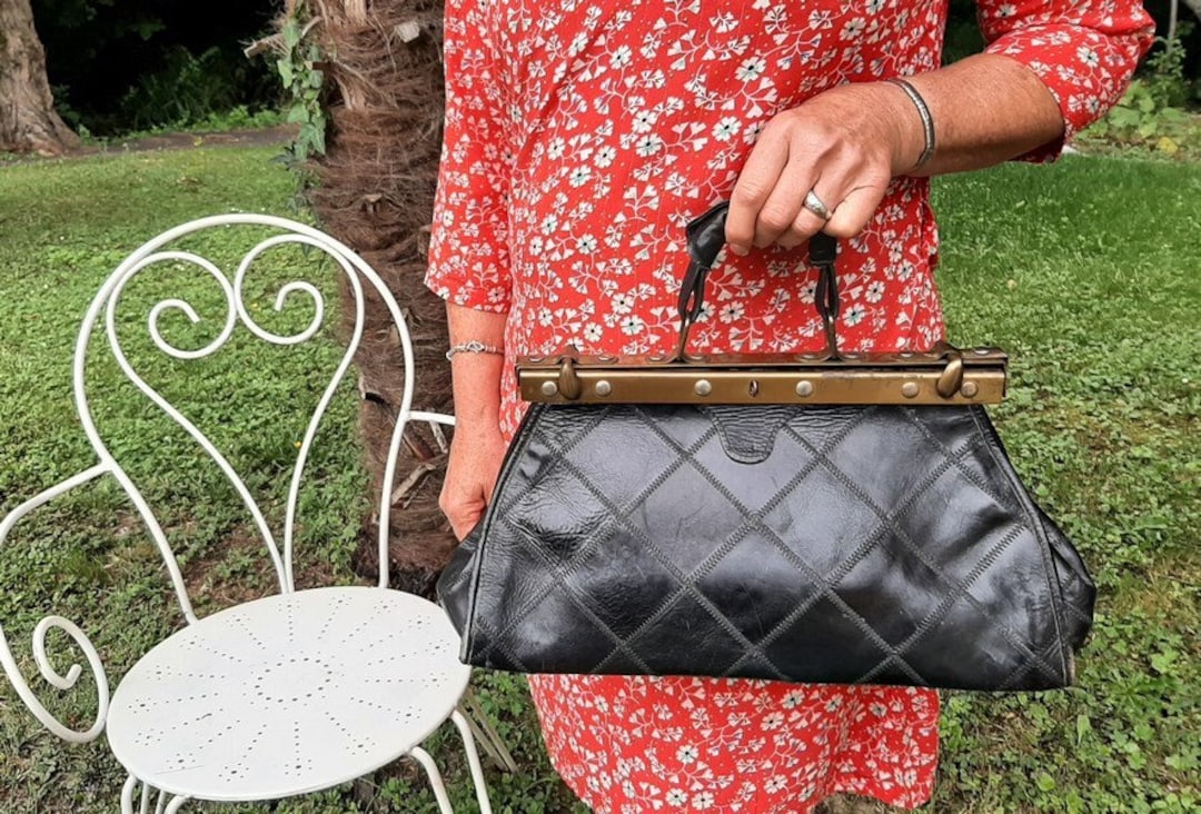 French Vintage Black Patchwork Hand Bag , Genuine Leather, Golden