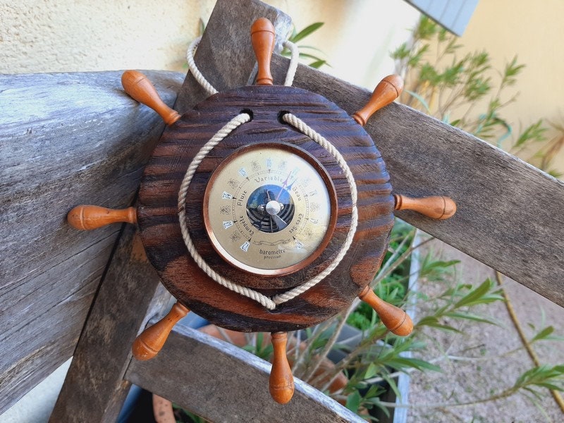 Français Baromètre Vintage Des Roues de Navires , Nautique, en Bois Wall Hanging Barometer