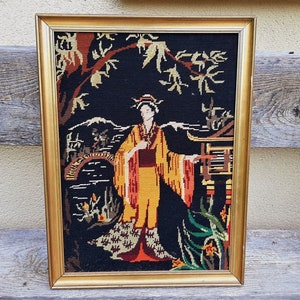 French vintage framed needlepoint tapestry ,geisha wearing a yellow kimono , japanese decor, golden wooden frame
