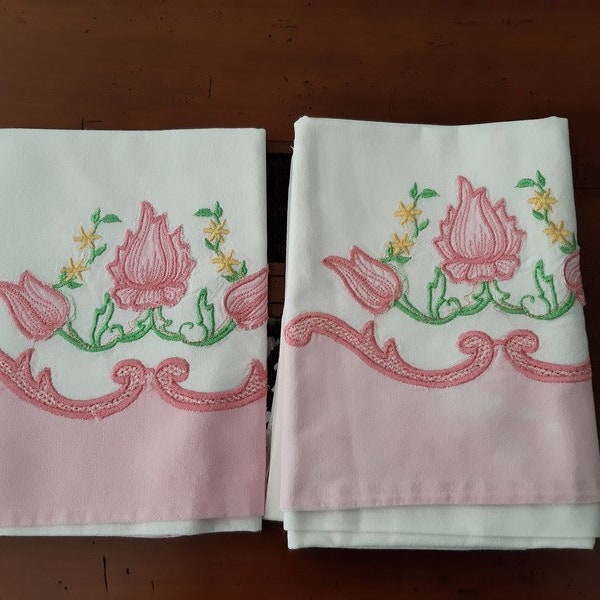 Set of 2 French vintage white embroidered Pillow cases with pink floral decor , pillow sham