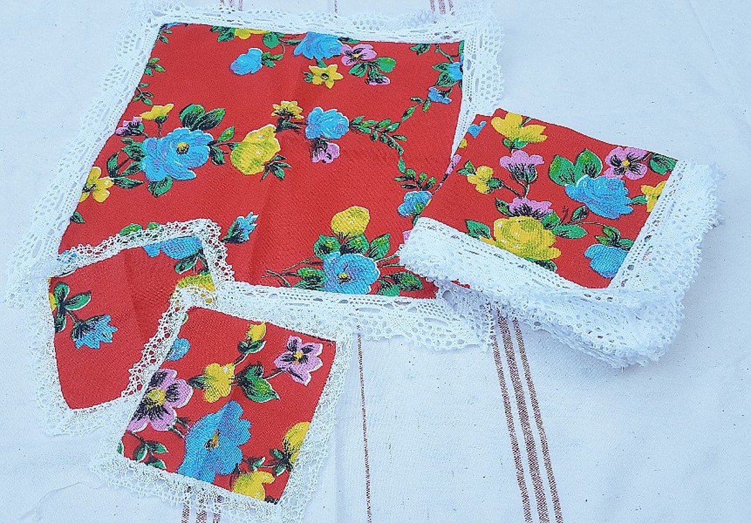French Vintage Placemats and Coasters Red With Blue Floral Etsy