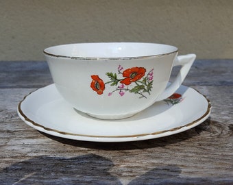 Tazza da caffè bianca vintage francese e piattino rosso papaveri decorazioni floreali, tazza da caffè in ceramica, bordo dorato