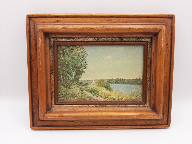 Français Tableau d'estampe Encadré Vintage, La Seine à Argenteuil Claude Monet, Cadre en Bois