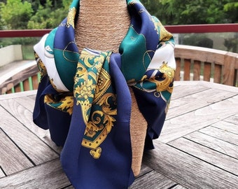 Italian Vintage green and gold equestrian Scarf , faux silk