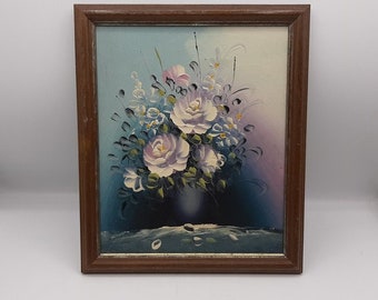 French Original Floral Painting -  blue white Bouquet Painting , French Art, wooden frame, not signed, still life floral painting