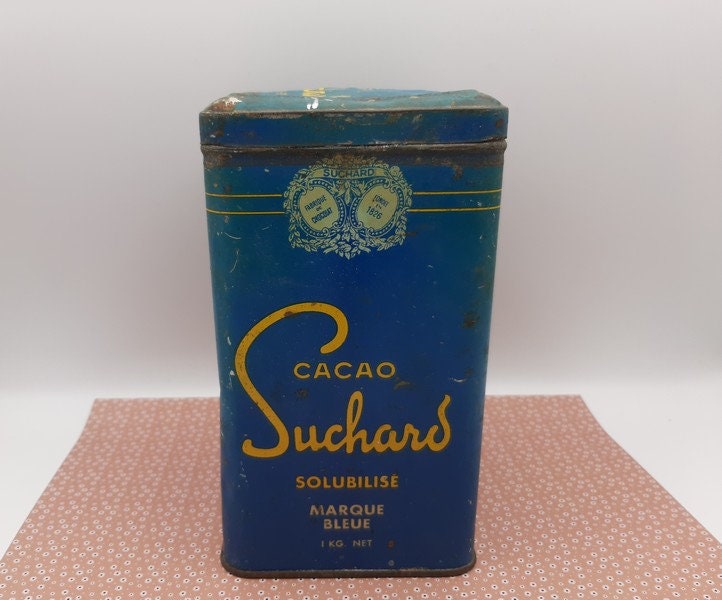 Suchard Français Boîte en Étain Antique, Poudre de Chocolat, Suchard Bleu