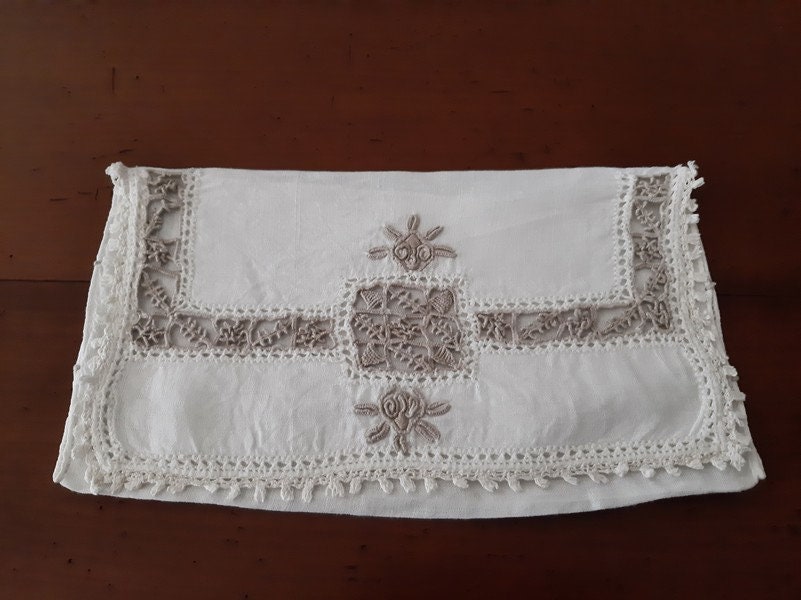 Français Étui à Serviettes en Lin Blanc Antique ou Pochette Hankies, Décor Beige Brodé La Main, Garn