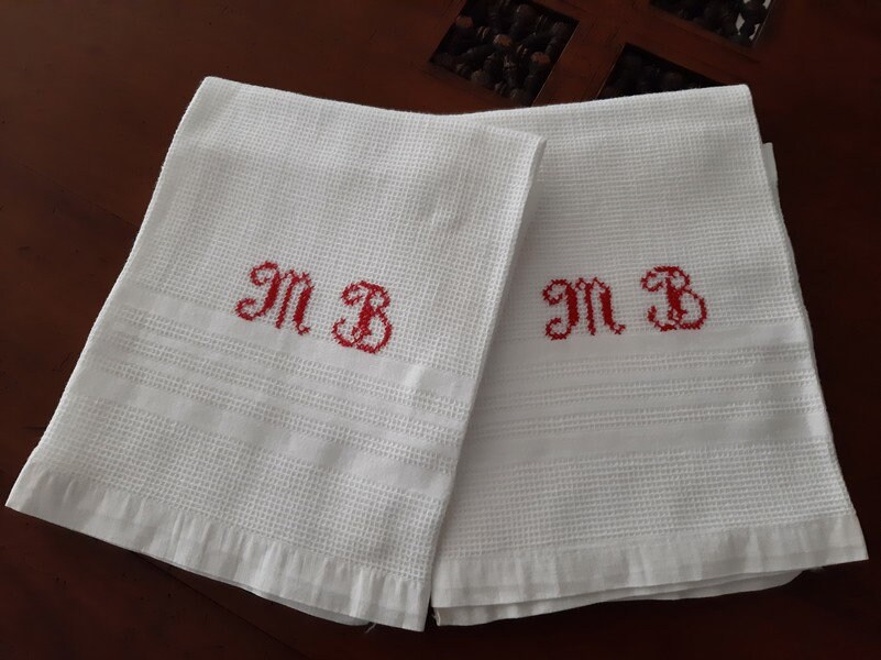 Français Serviette Gaufre Blanche Monogrammée Antique, Monogramme Mb, Torchon Torchon, Brodé à La Ma