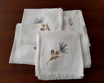 Set of 6 french antique white linen napkins,  hand embroidered with purple and green  floral decor