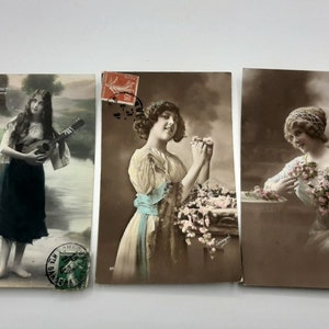 1910, lot de 3 cartes postales anciennes françaises, portrait de jeune femme vintage, carte postale romantique
