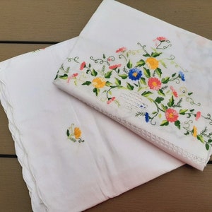 french vintage white tablecloth, large tablecloth, floral hand made embroideries ,  floral decor