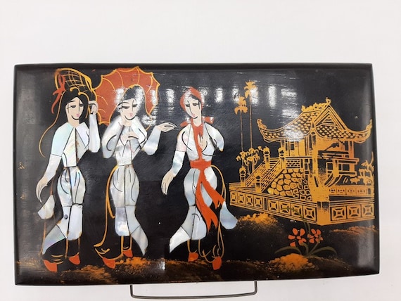 Coffret à Bijoux Ancien Laqué Noir Et Nacré - Décor Oiseaux - Art Asiatique